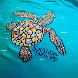 Southern Fried Cotton short sleeve women’s tee, size M, EUC, blue w/ turtle
